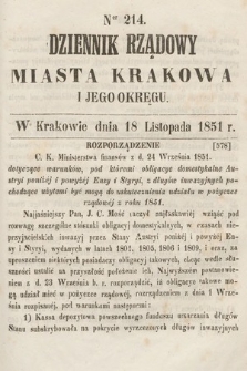 Dziennik Rządowy Misata Krakowa i Jego Okręgu. 1851, nr 214