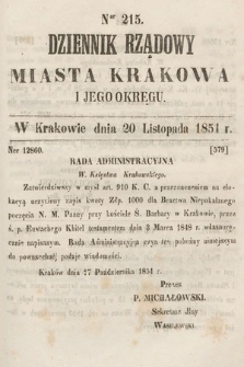 Dziennik Rządowy Misata Krakowa i Jego Okręgu. 1851, nr 215
