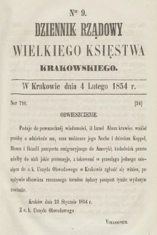 Dziennik Rządowy Wielkiego Księstwa Krakowskiego. 1854, nr 9