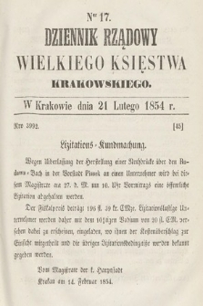Dziennik Rządowy Wielkiego Księstwa Krakowskiego. 1854, nr 17