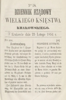 Dziennik Rządowy Wielkiego Księstwa Krakowskiego. 1854, nr 18