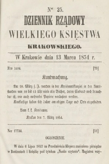 Dziennik Rządowy Wielkiego Księstwa Krakowskiego. 1854, nr 25