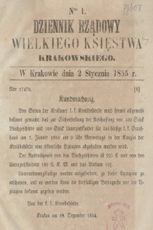 Dziennik Rządowy Wielkiego Księstwa Krakowskiego. 1855, nr 1