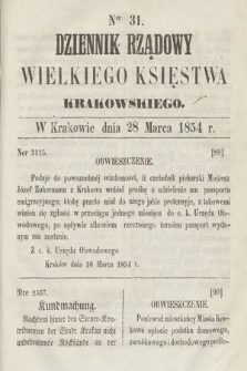 Dziennik Rządowy Wielkiego Księstwa Krakowskiego. 1854, nr 31