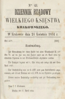 Dziennik Rządowy Wielkiego Księstwa Krakowskiego. 1854, nr 43