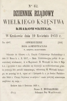 Dziennik Rządowy Wielkiego Księstwa Krakowskiego. 1853, nr 62