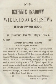 Dziennik Rządowy Wielkiego Księstwa Krakowskiego. 1855, nr 22