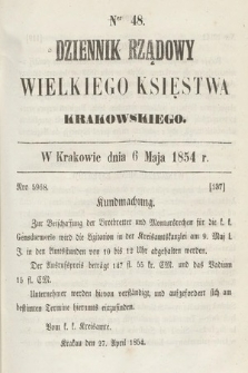 Dziennik Rządowy Wielkiego Księstwa Krakowskiego. 1854, nr 48