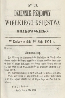Dziennik Rządowy Wielkiego Księstwa Krakowskiego. 1854, nr 49