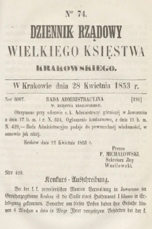 Dziennik Rządowy Wielkiego Księstwa Krakowskiego. 1853, nr 74