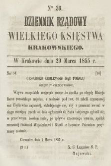 Dziennik Rządowy Wielkiego Księstwa Krakowskiego. 1855, nr 39