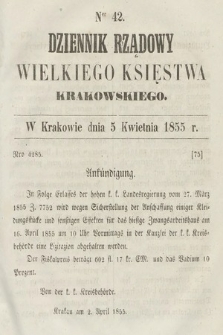 Dziennik Rządowy Wielkiego Księstwa Krakowskiego. 1855, nr 42