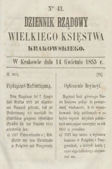 Dziennik Rządowy Wielkiego Księstwa Krakowskiego. 1855, nr 43