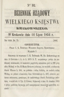 Dziennik Rządowy Wielkiego Księstwa Krakowskiego. 1854, nr 92
