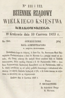 Dziennik Rządowy Wielkiego Księstwa Krakowskiego. 1853, nr 111-112