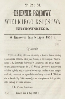 Dziennik Rządowy Wielkiego Księstwa Krakowskiego. 1855, nr 82-83