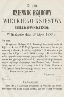 Dziennik Rządowy Wielkiego Księstwa Krakowskiego. 1853, nr 140