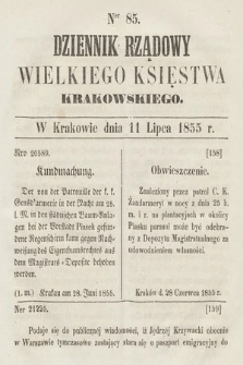 Dziennik Rządowy Wielkiego Księstwa Krakowskiego. 1855, nr 85