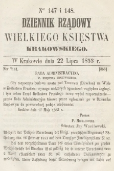 Dziennik Rządowy Wielkiego Księstwa Krakowskiego. 1853, nr 147-148