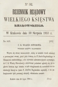 Dziennik Rządowy Wielkiego Księstwa Krakowskiego. 1855, nr 92