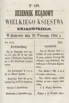 Dziennik Rządowy Wielkiego Księstwa Krakowskiego. 1854, nr 138
