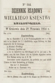 Dziennik Rządowy Wielkiego Księstwa Krakowskiego. 1854, nr 144
