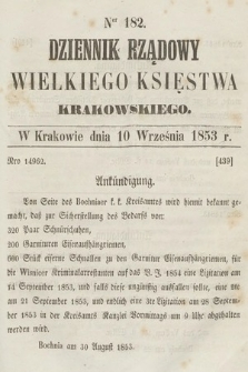 Dziennik Rządowy Wielkiego Księstwa Krakowskiego. 1853, nr 182