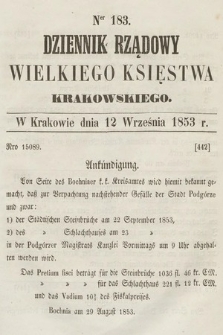 Dziennik Rządowy Wielkiego Księstwa Krakowskiego. 1853, nr 183