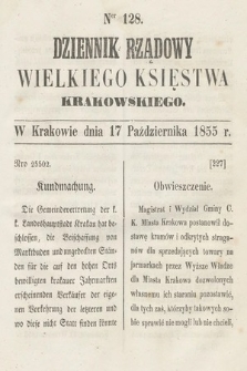 Dziennik Rządowy Wielkiego Księstwa Krakowskiego. 1855, nr 128