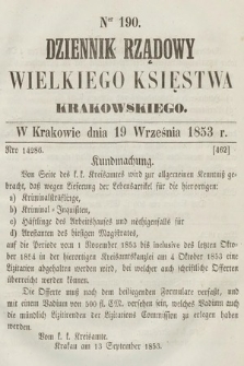 Dziennik Rządowy Wielkiego Księstwa Krakowskiego. 1853, nr 190