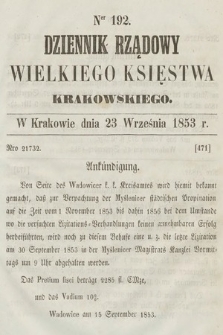 Dziennik Rządowy Wielkiego Księstwa Krakowskiego. 1853, nr 192