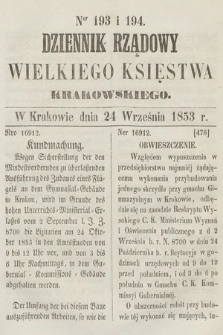 Dziennik Rządowy Wielkiego Księstwa Krakowskiego. 1853, nr 193-194
