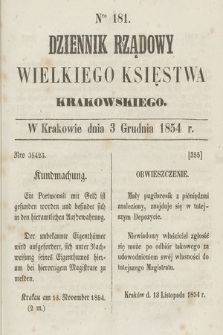 Dziennik Rządowy Wielkiego Księstwa Krakowskiego. 1854, nr 181