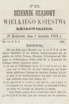 Dziennik Rządowy Wielkiego Księstwa Krakowskiego. 1853, nr 231