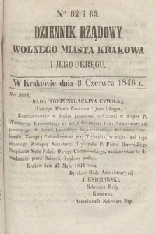 Dziennik Rządowy Wolnego Miasta Krakowa i Jego Okręgu. 1846, nr 62-63