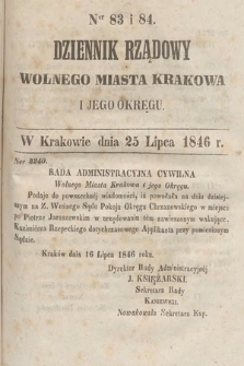 Dziennik Rządowy Wolnego Miasta Krakowa i Jego Okręgu. 1846, nr 83-84
