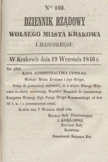 Dziennik Rządowy Wolnego Miasta Krakowa i Jego Okręgu. 1846, nr 103