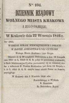 Dziennik Rządowy Wolnego Miasta Krakowa i Jego Okręgu. 1846, nr 104