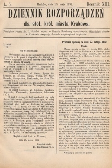 Dziennik Rozporządzeń dla Stoł. Król. Miasta Krakowa. 1892, L. 5