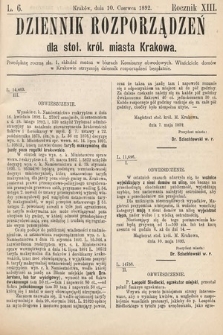 Dziennik Rozporządzeń dla Stoł. Król. Miasta Krakowa. 1892, L. 6