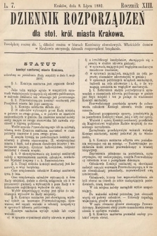 Dziennik Rozporządzeń dla Stoł. Król. Miasta Krakowa. 1892, L. 7