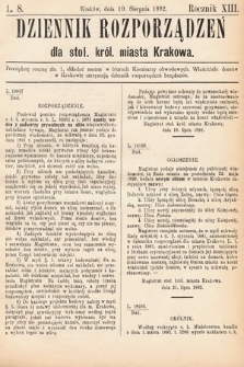 Dziennik Rozporządzeń dla Stoł. Król. Miasta Krakowa. 1892, L. 8
