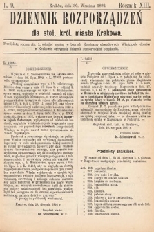 Dziennik Rozporządzeń dla Stoł. Król. Miasta Krakowa. 1892, L. 9