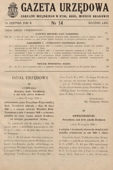 Gazeta Urzędowa Zarządu Miejskiego w Stoł. Król. Mieście Krakowie. 1948, nr 14