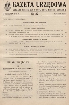 Gazeta Urzędowa Zarządu Miejskiego w Stoł. Król. Mieście Krakowie. 1948, nr 22