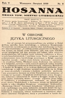 Hosanna : miesięcznik muzyki kościelnej : organ Tow. Muzyki Liturgicznej. 1930, nr 8