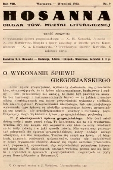 Hosanna : miesięcznik muzyki kościelnej : organ Tow. Muzyki Liturgicznej. 1933, nr 9