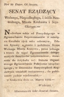 Dziennik Rozporządzeń Rządowych Wolnego, Niepodległego i Ściśle Neutralnego Miasta Krakowa i jego Okręgu. 1819