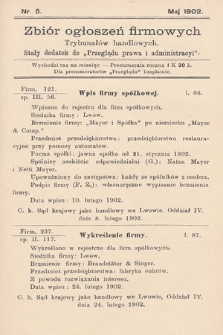 Zbiór ogłoszeń firmowych trybunałów handlowych : stały dodatek do „Przeglądu Prawa i Administracyi”. 1902, nr 5