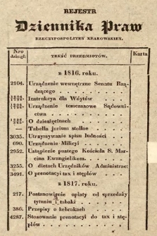 Rejestr Dziennika Praw Rzeczypospolitey Krakowskiey. 1816-1830